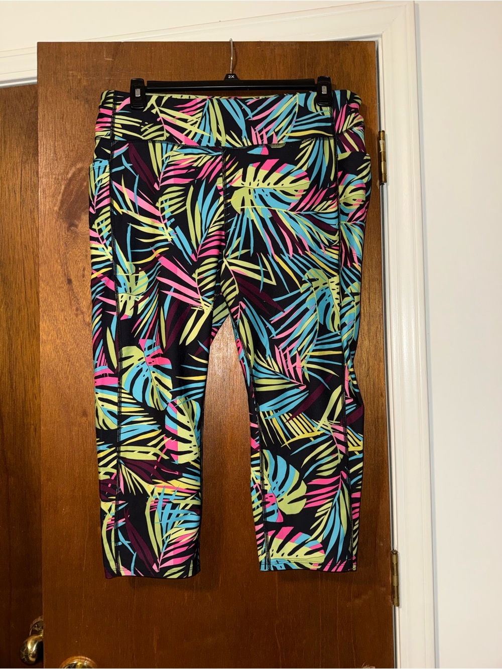 Athletic Works Black Capri Leggings with Neon Leaf Print